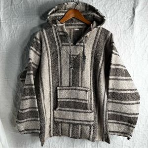 Serape Hoodie Pullover Striped Grey and Cream Unisex Jacket 90s Drug Rug Coat